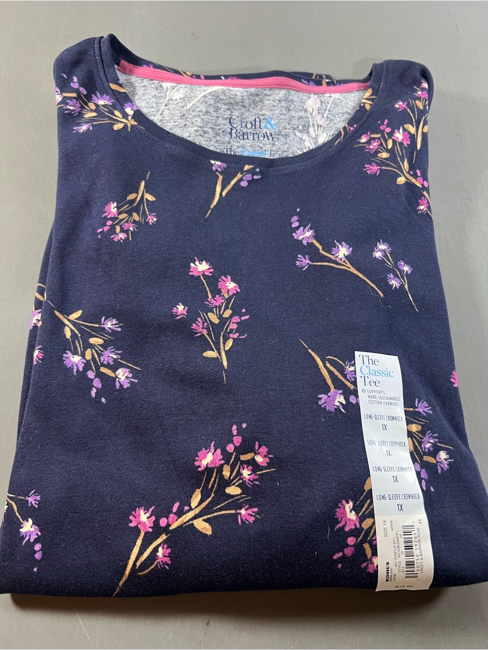 croft & barrow Navy Long-Sleeve Tee with Pink and Purple Floral Print